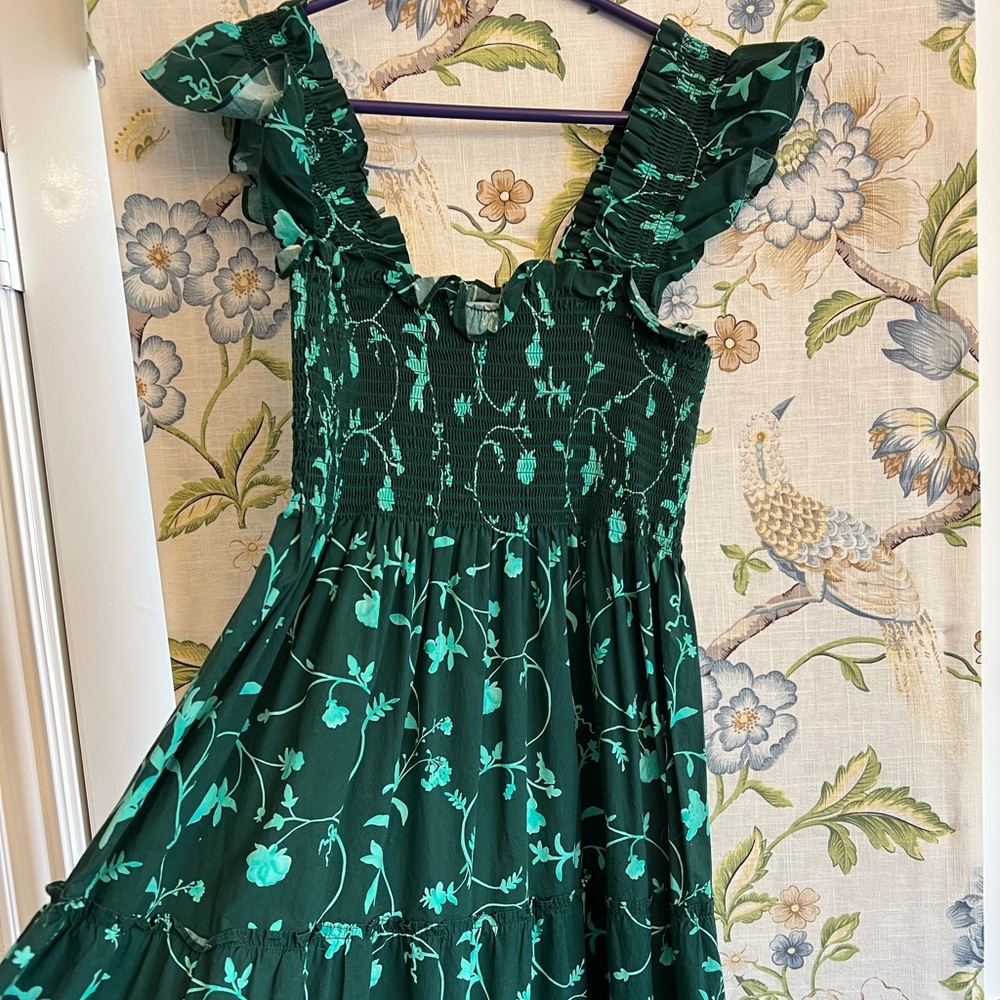 Hill House Dark Green Floral Midi Dress with Teal Print